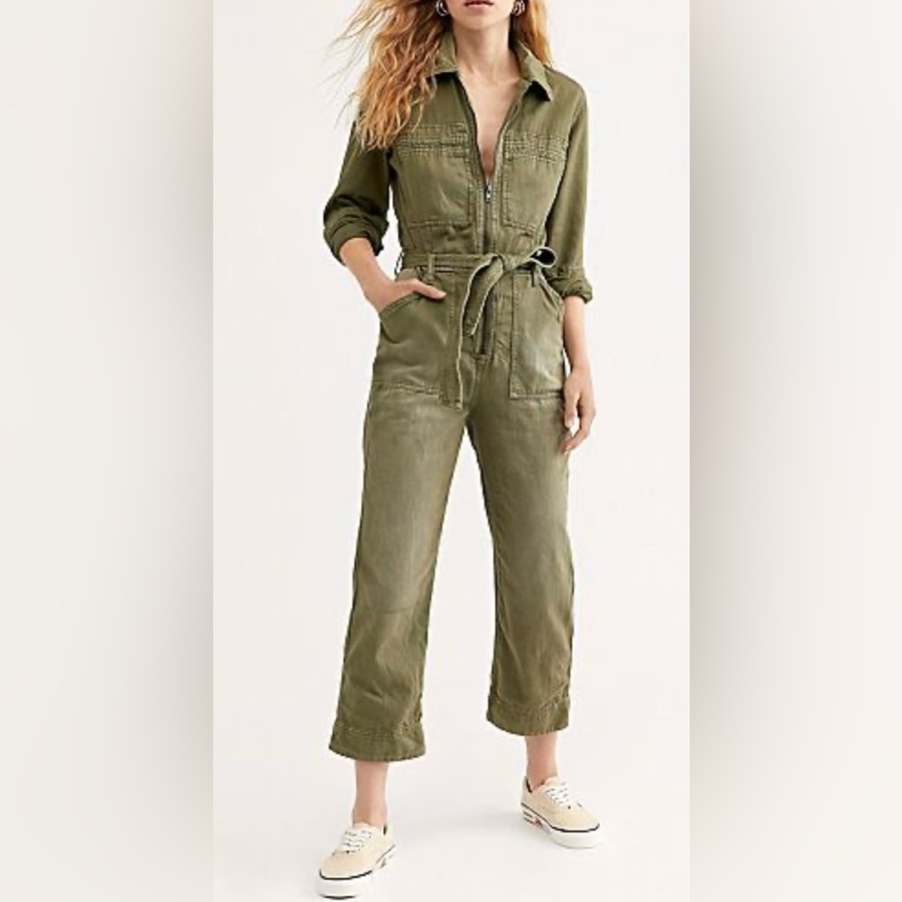 Free People Size 10 Charlie Denim Coverall  Green Jean Utility Workwear Jumpsuit